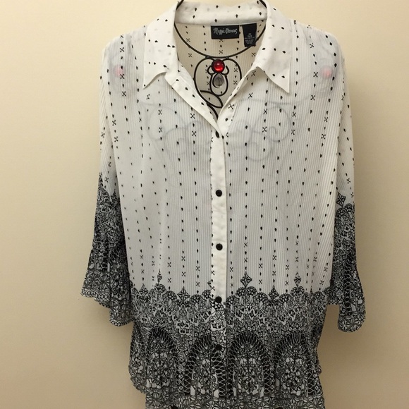 Black White Pleated Stretchy Button Up Blouse OX - Picture 6 of 6